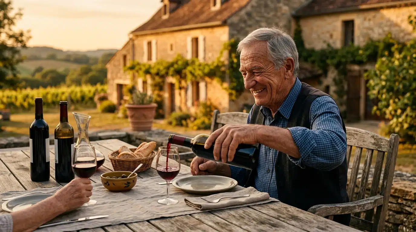 Homme âgé partageant un verre de vin rouge en Dordogne