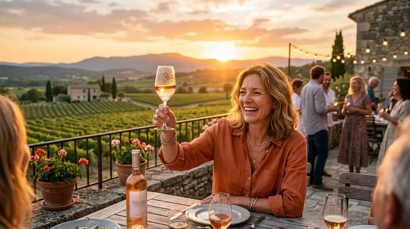 Femme souriante avec un verre de rosé en Provence