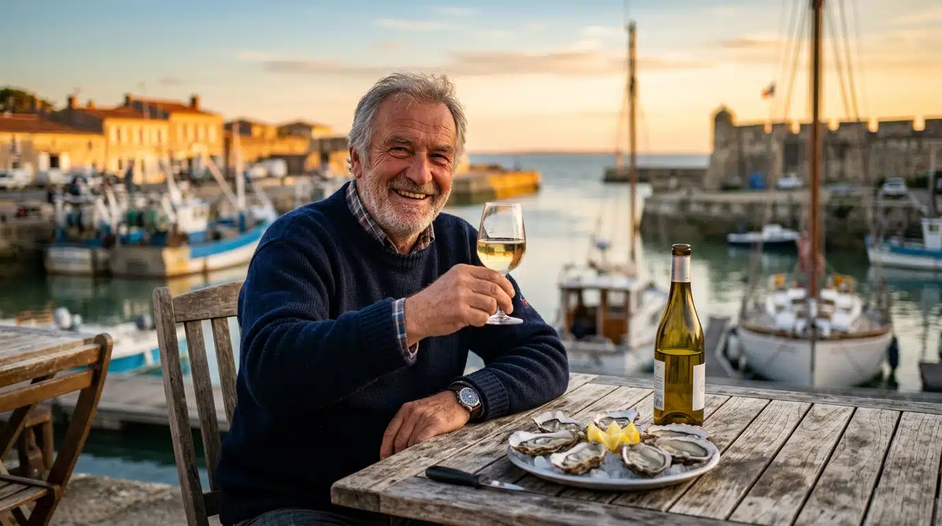 Pêcheur dégustant un vin blanc avec des huîtres en Charente-Maritime