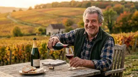Homme âgé buvant du vin rouge en Champagne à l'automne