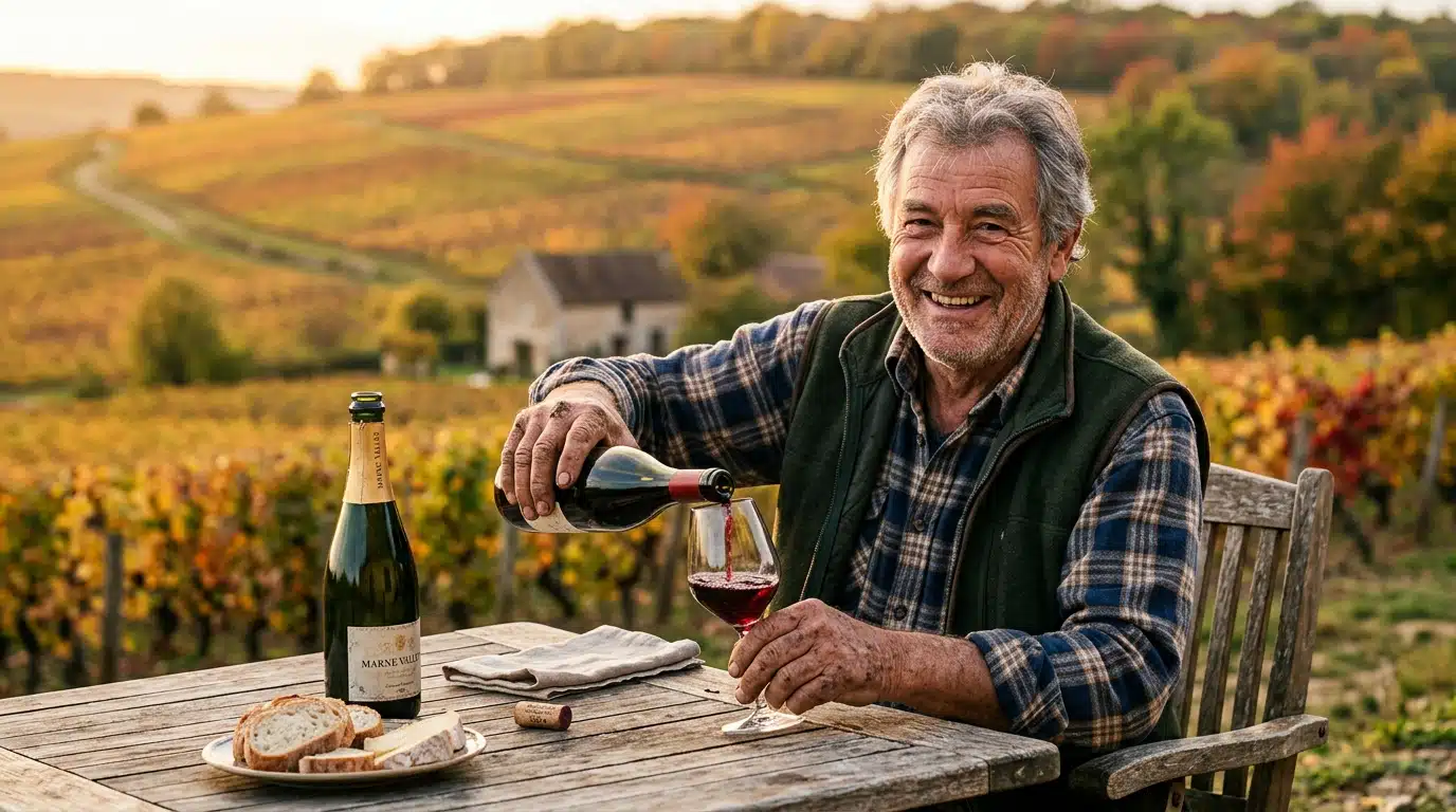 Homme âgé buvant du vin rouge en Champagne à l'automne