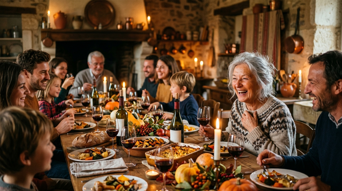 Repas familial automnal avec vin rouge dans le Cher