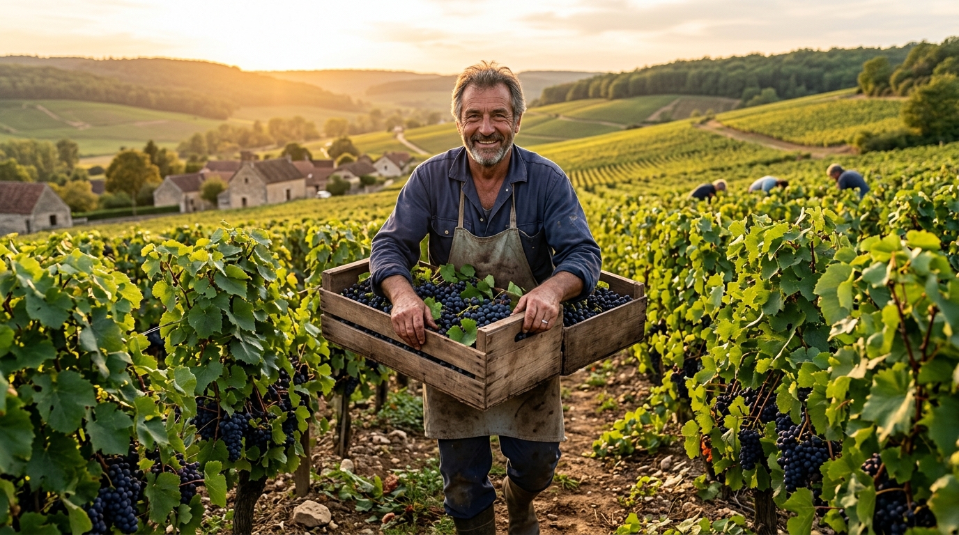 Vigneron souriant pendant les vendanges en Côte-d'Or