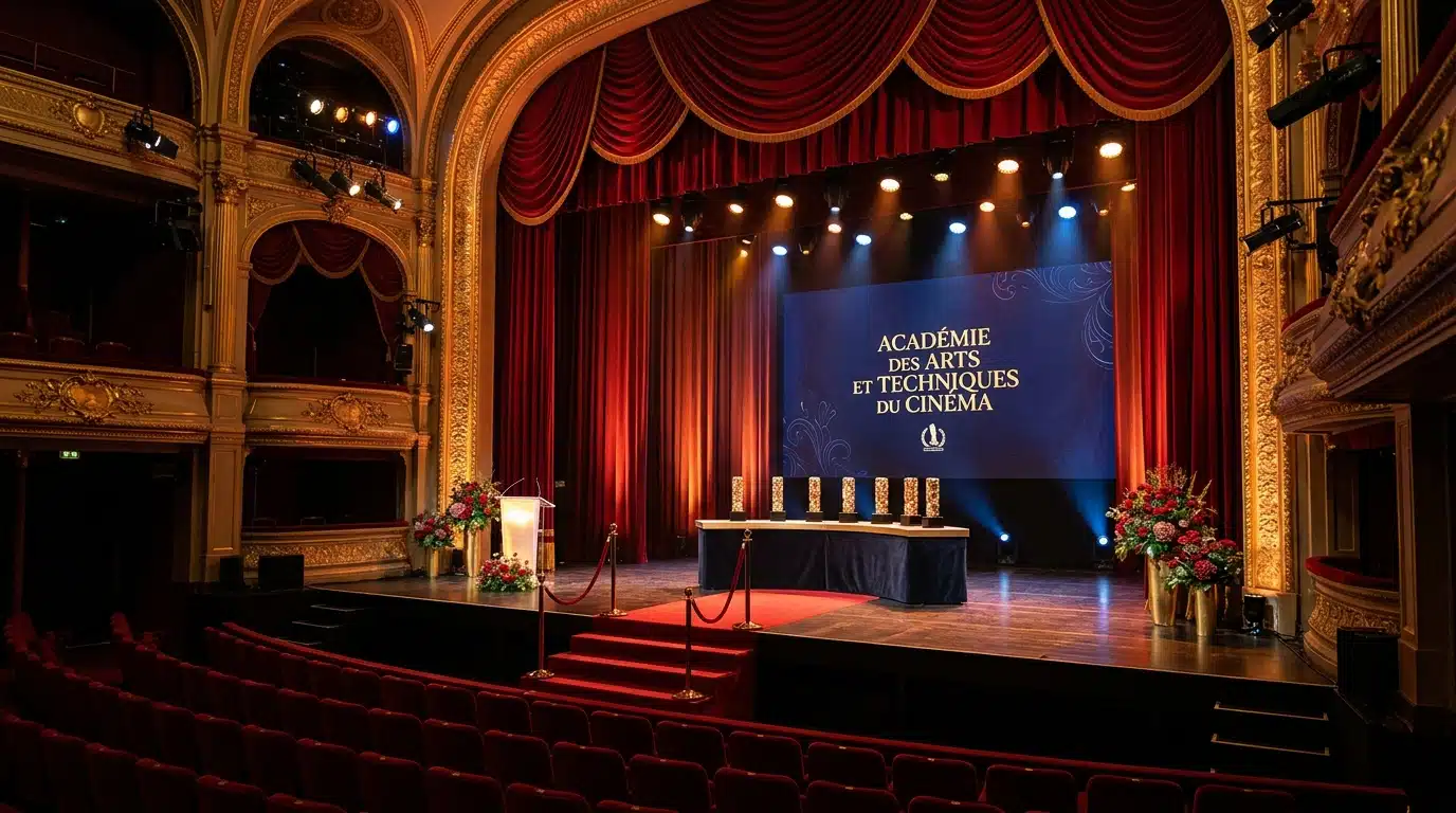 Scène de cérémonie de remise de prix du cinéma français, décor élégant avant le début de la soirée