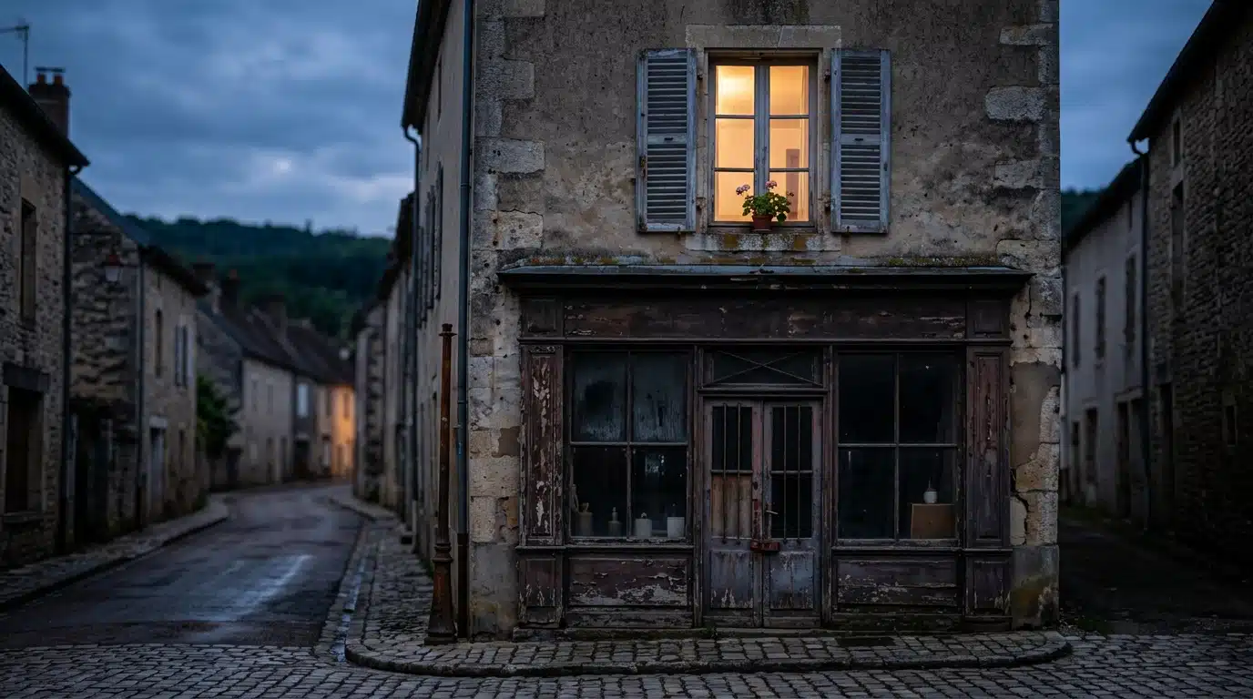 Façade d'un immeuble ancien avec bar désaffecté