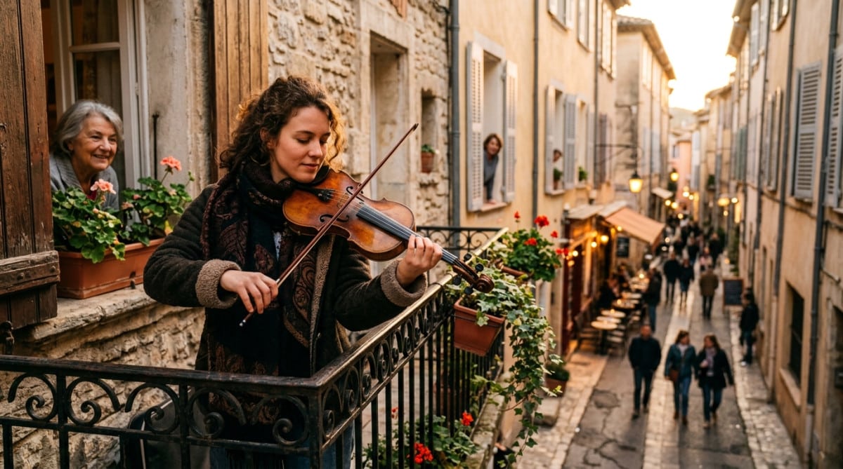 Violoniste joue sur un balcon au coucher du soleil