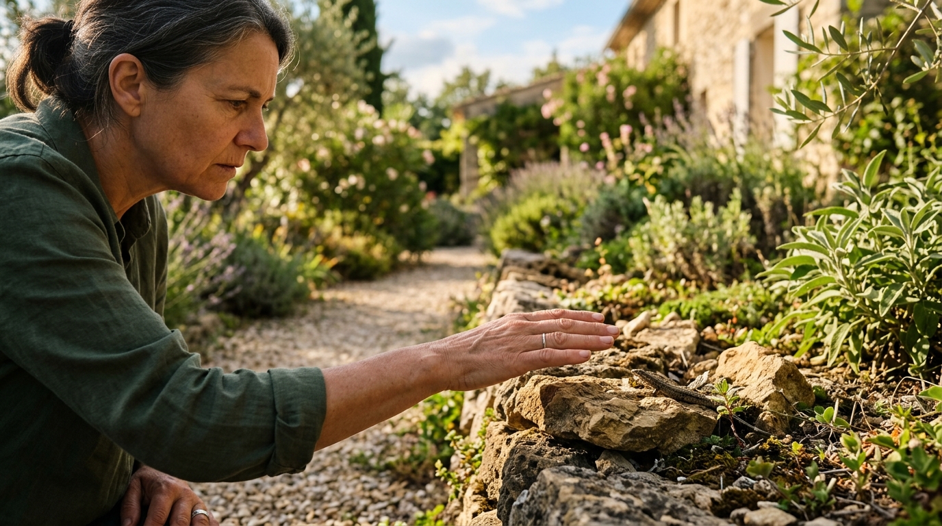 Main hésitant près d'un tas de pierres au jardin