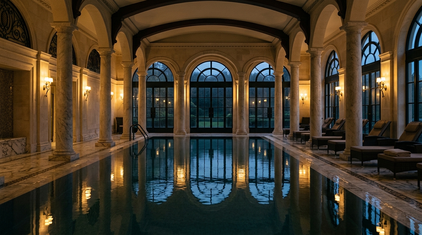 Piscine d'un hôtel de luxe, ambiance feutrée