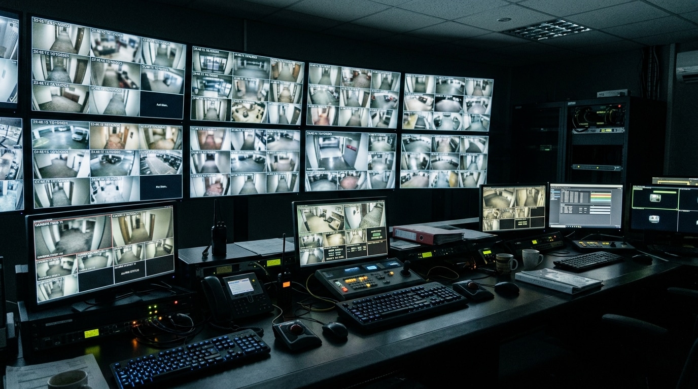 Écrans de vidéosurveillance dans un poste de sécurité d'hôtel