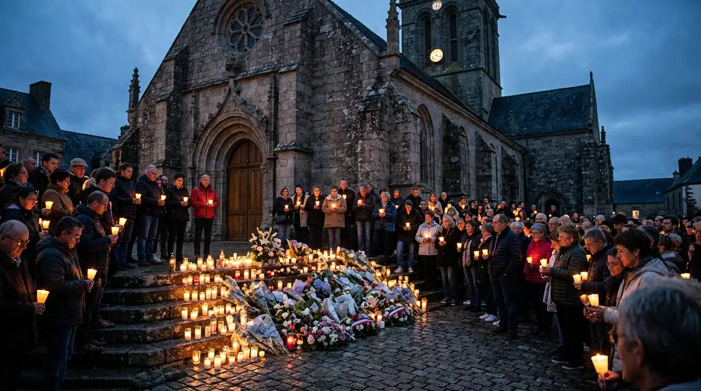 Bougies et fleurs devant une église bretonne en hommage