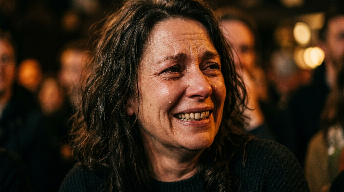Visage exprimant à la fois larmes et rire incontrôlé