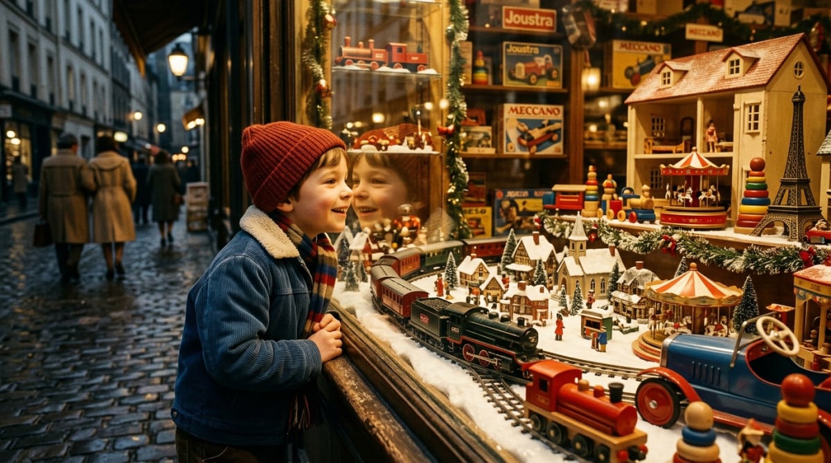 Vitrine de jouets Noël 1985 avec train électrique