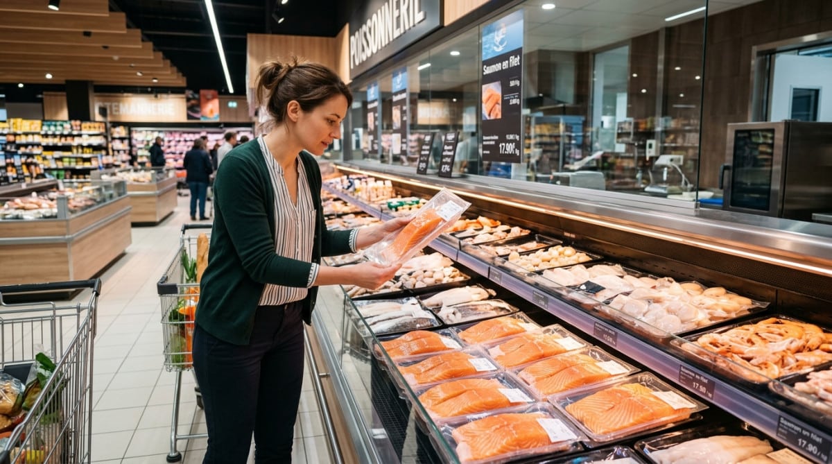 Vitrine réfrigérée moderne de poissonnerie en supermarché