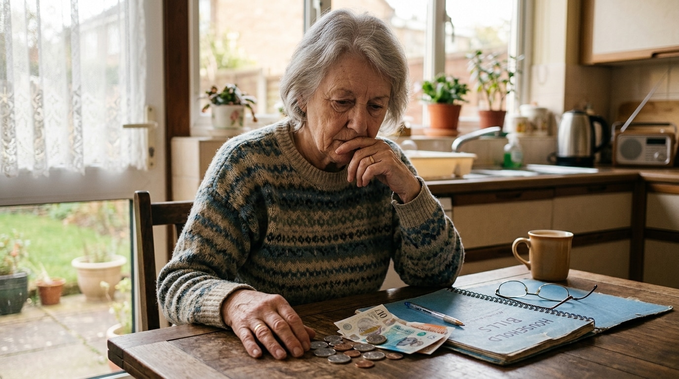 Retraitée pensive devant pièces et factures sur table de cuisine