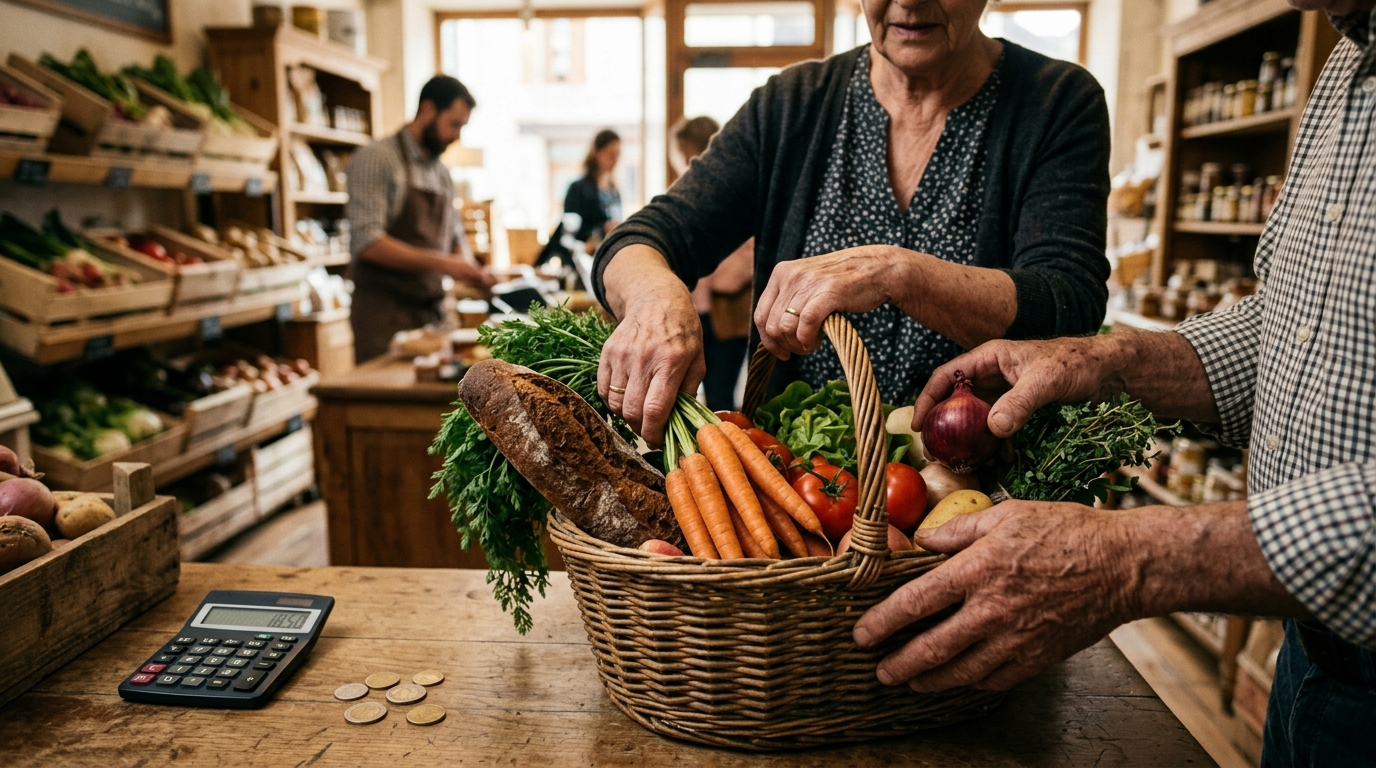 Mains de seniors remplissant un panier de courses au marché
