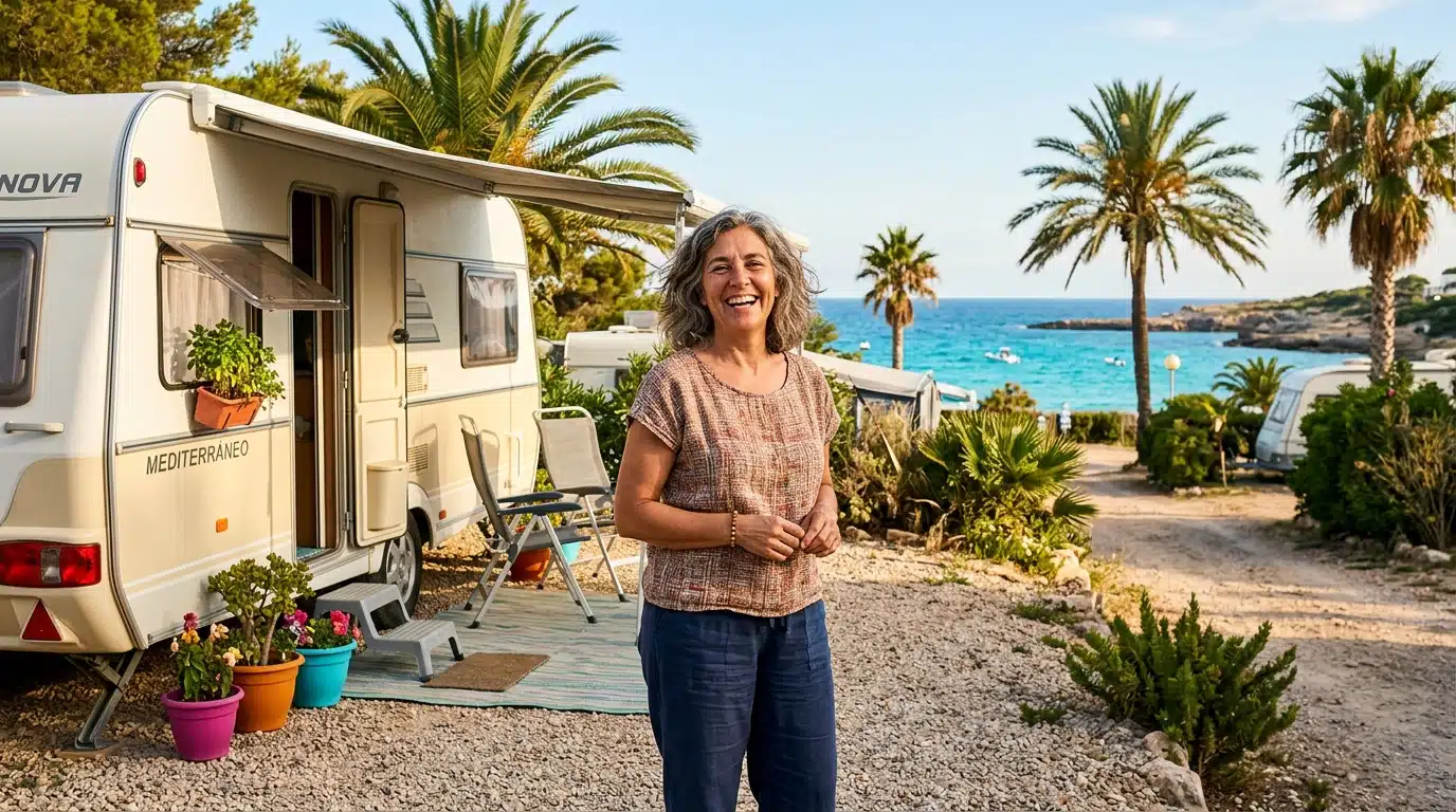 Femme souriante devant sa caravane sur la Costa Blanca