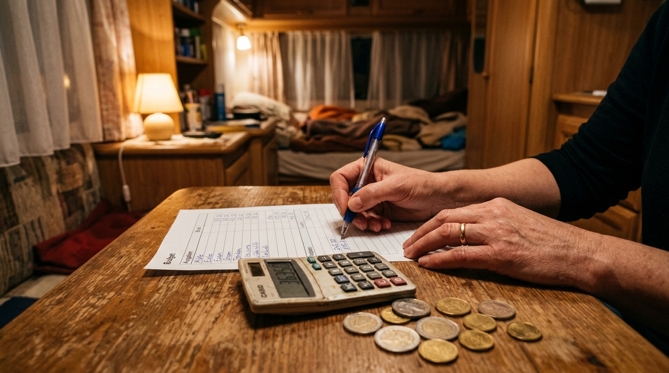 Calcul du budget mensuel caravane avec pièces et calculatrice