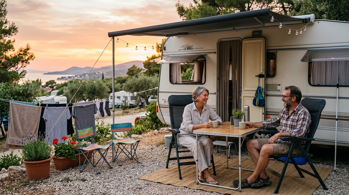 Couple prenant le café devant leur caravane en Espagne
