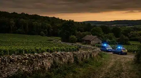 Mur en pierre sèche et vignes en Haute-Saône au crépuscule