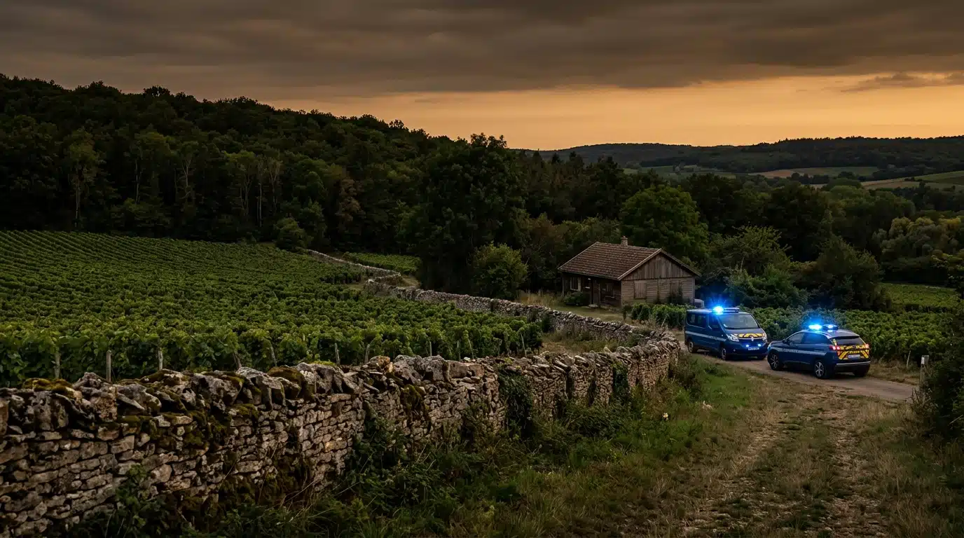 Mur en pierre sèche et vignes en Haute-Saône au crépuscule