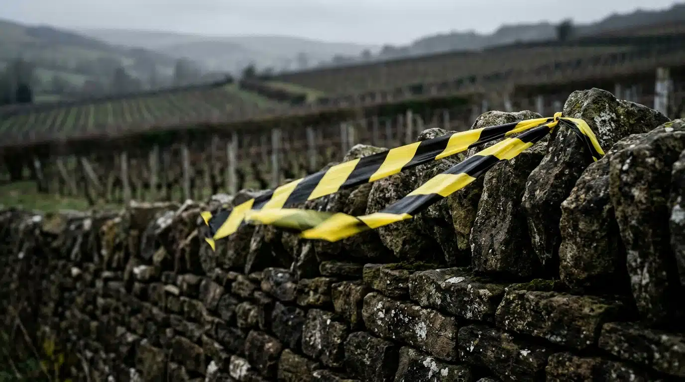 Ruban de police sur un mur de pierre près d'un vignoble