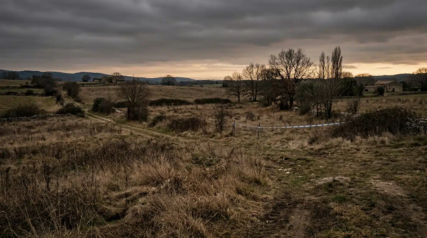 Terrain agricole isolé sous ciel gris d'hiver