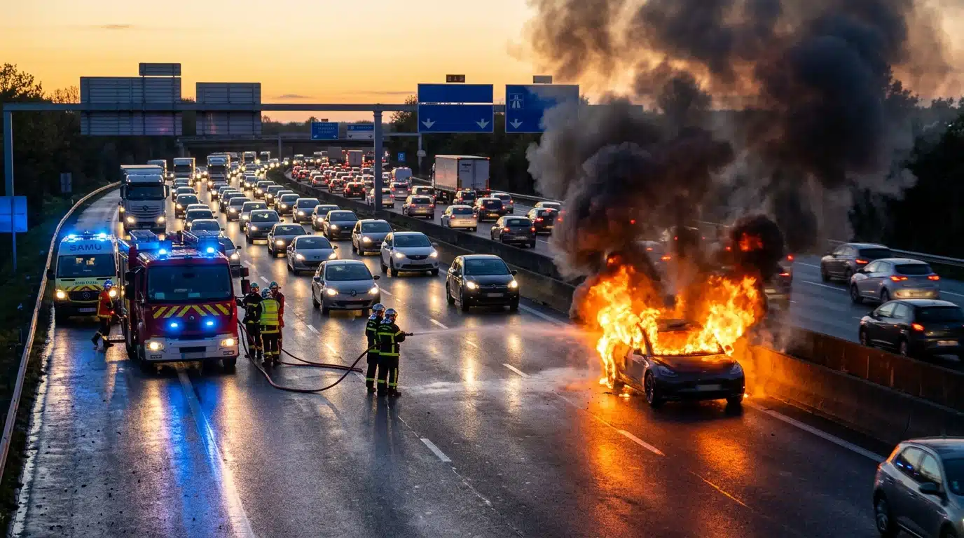 Voiture électrique en flammes sur l'autoroute A13