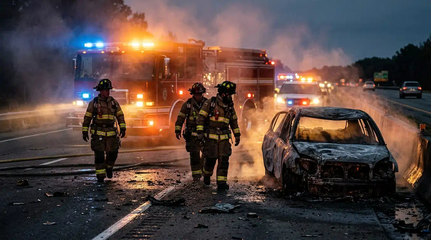 Pompiers intervenant sur l'épave calcinée du véhicule