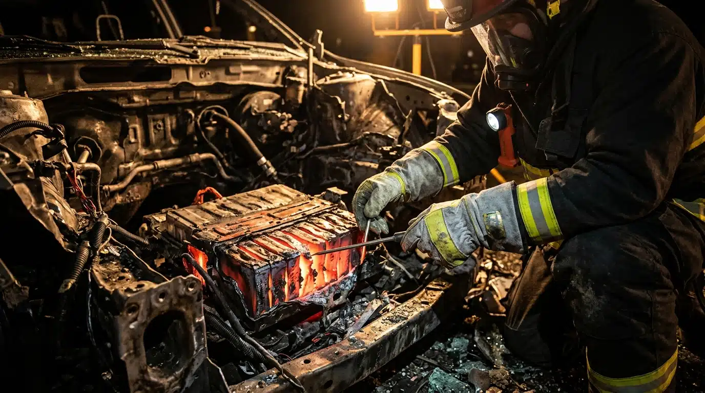 Expert examinant la batterie endommagée après l'incendie