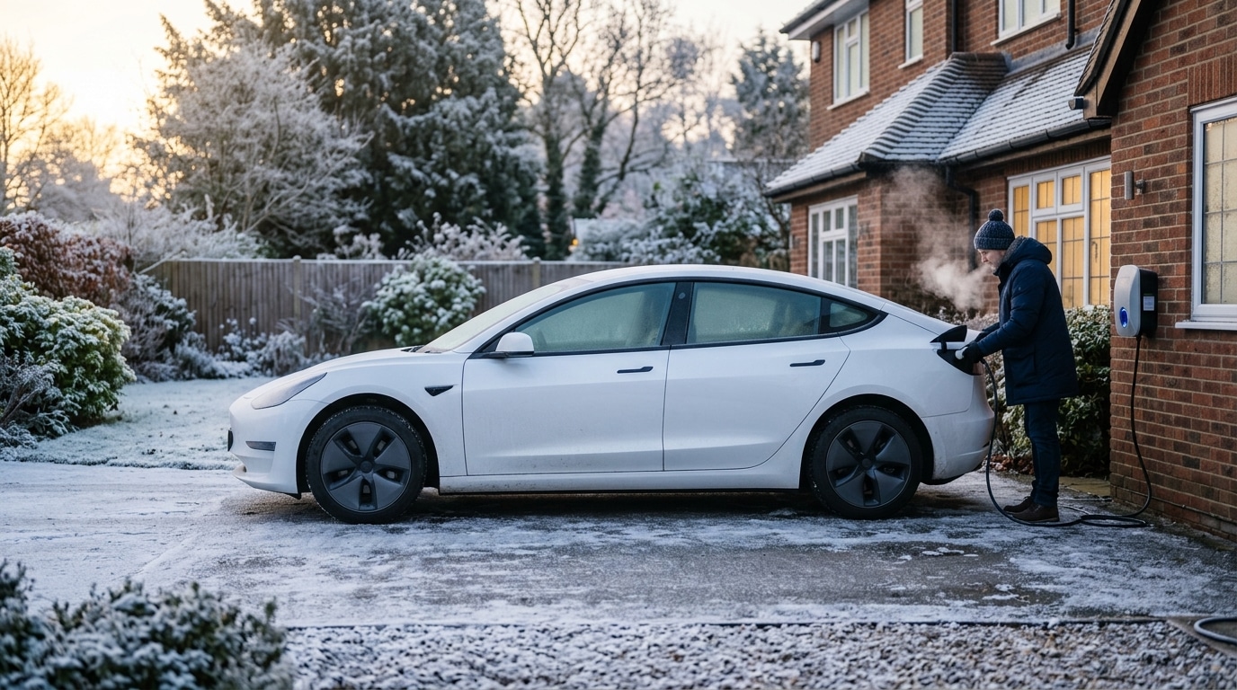 Voiture électrique branchée sur borne un matin givré