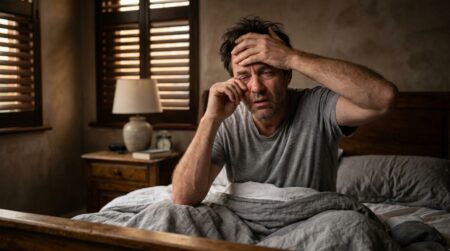 Personne fatiguée se réveillant dans une chambre sombre