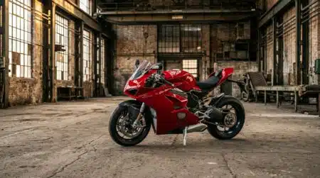 Moto sportive rouge italienne dans un hall industriel vide