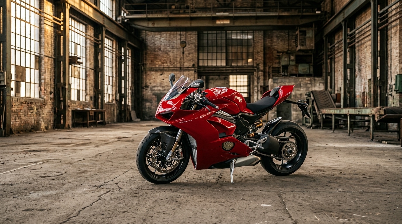 Moto sportive rouge italienne dans un hall industriel vide