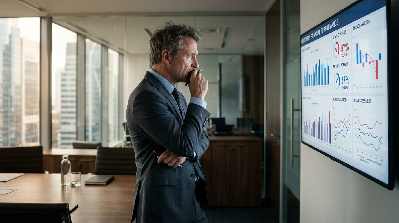 Homme d'affaires inquiet devant des graphiques financiers