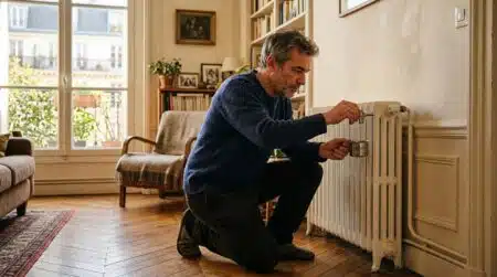 Homme purgeant un radiateur avec une clé de purge