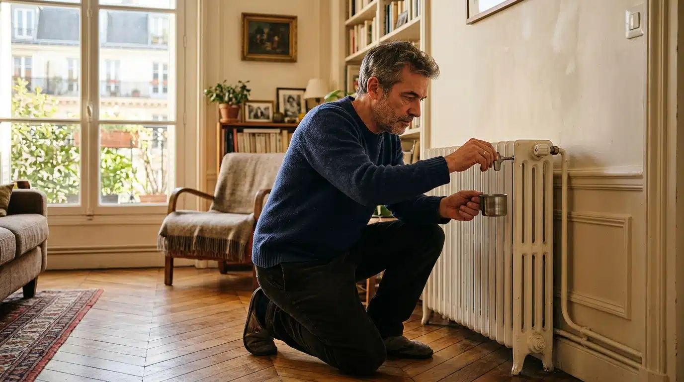 Homme purgeant un radiateur avec une clé de purge