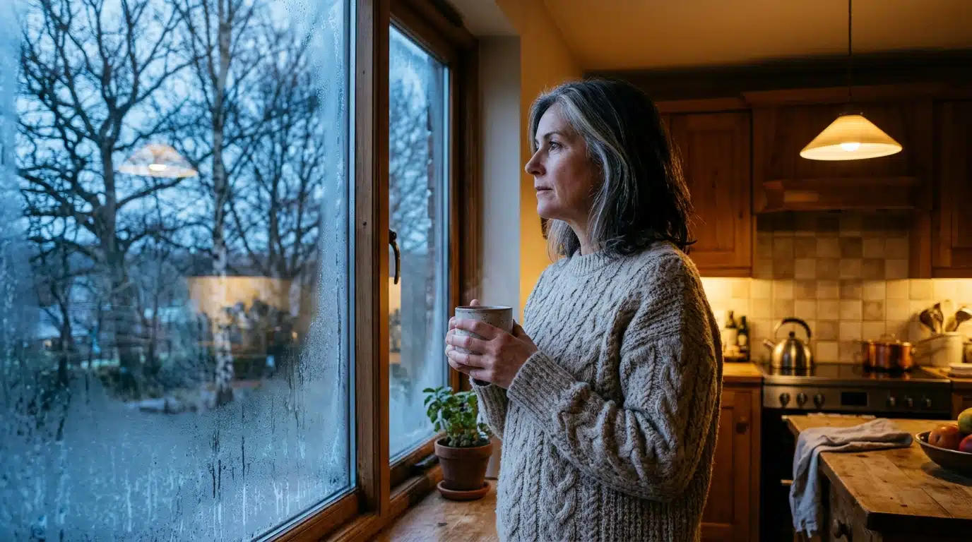 Femme regardant l'automne par la fenêtre avec une tasse chaude