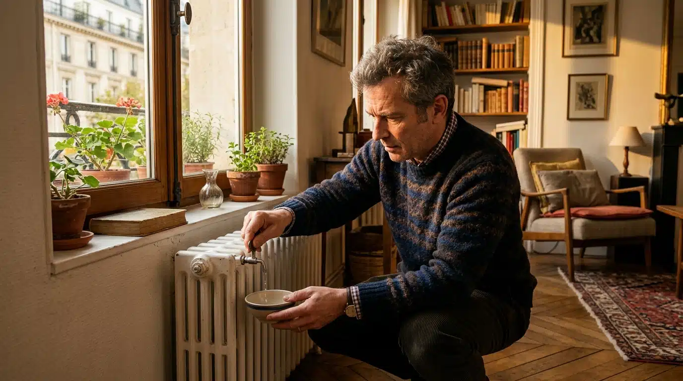 Homme purge un radiateur avant l'hiver