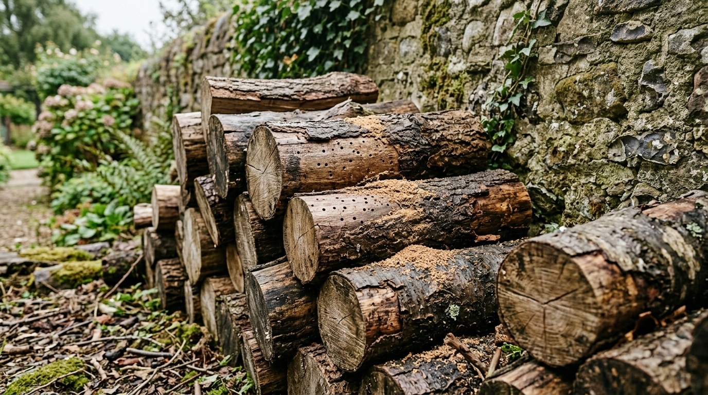 Bûches de bois humides avec petits trous et poussière