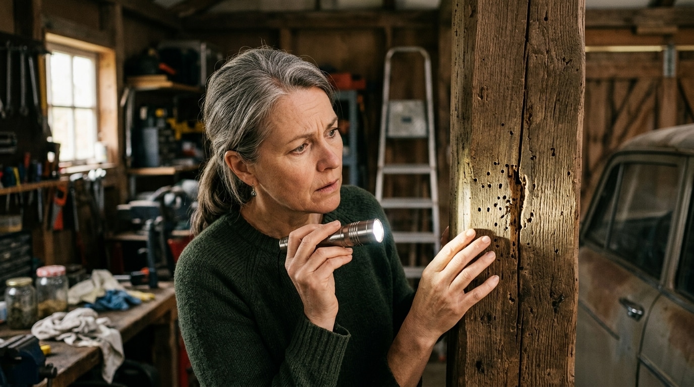 Homme inquiet examine une poutre en bois trouée