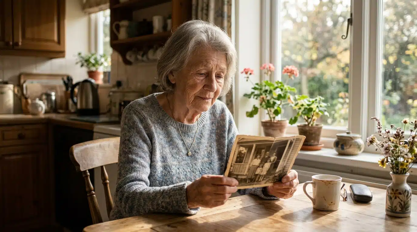 Femme âgée regardant une photo de famille seule