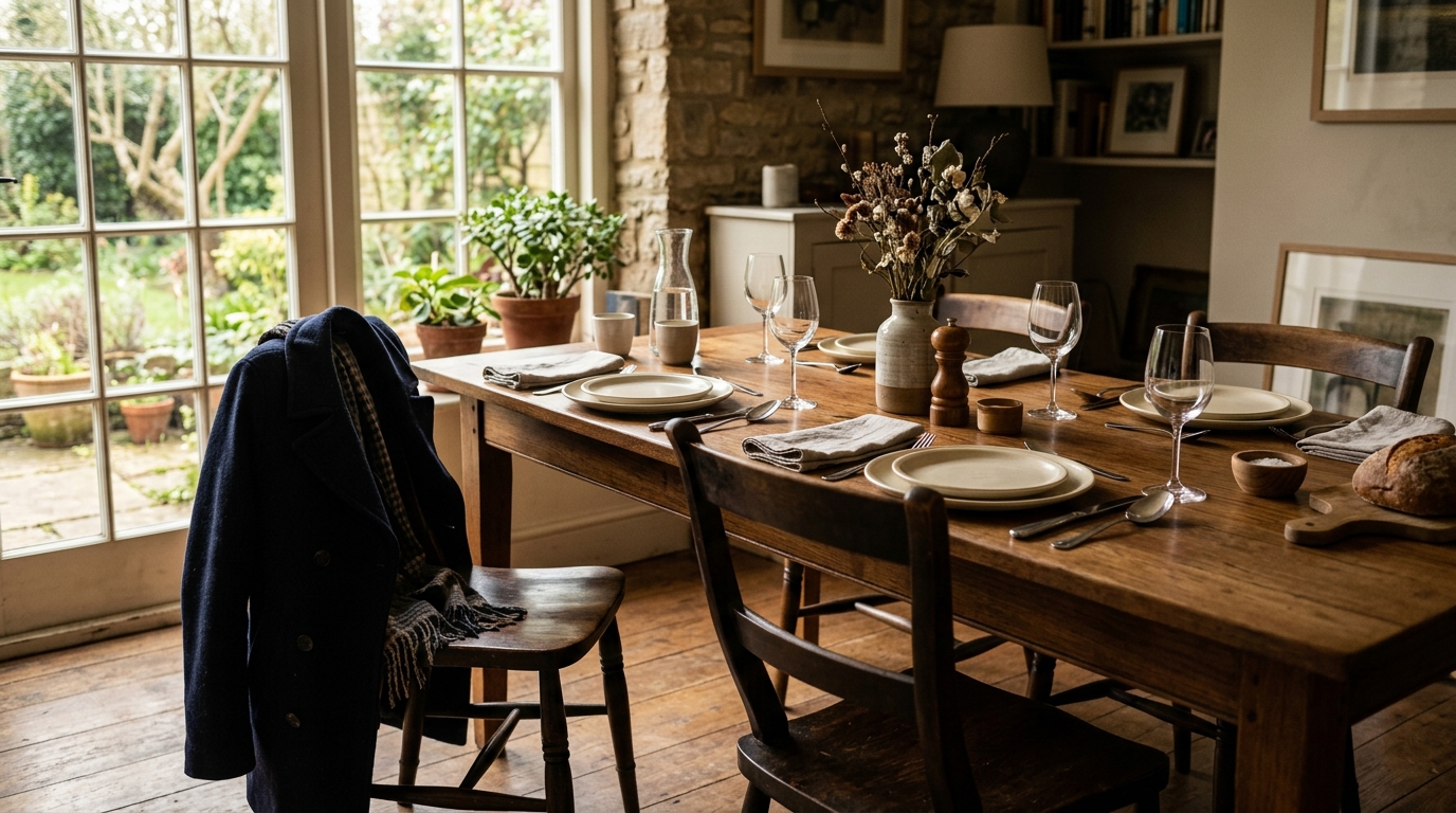 Table familiale vide avec chaises tirées et assiettes