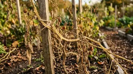 Tiges de tomates fanées jaunies dans un potager