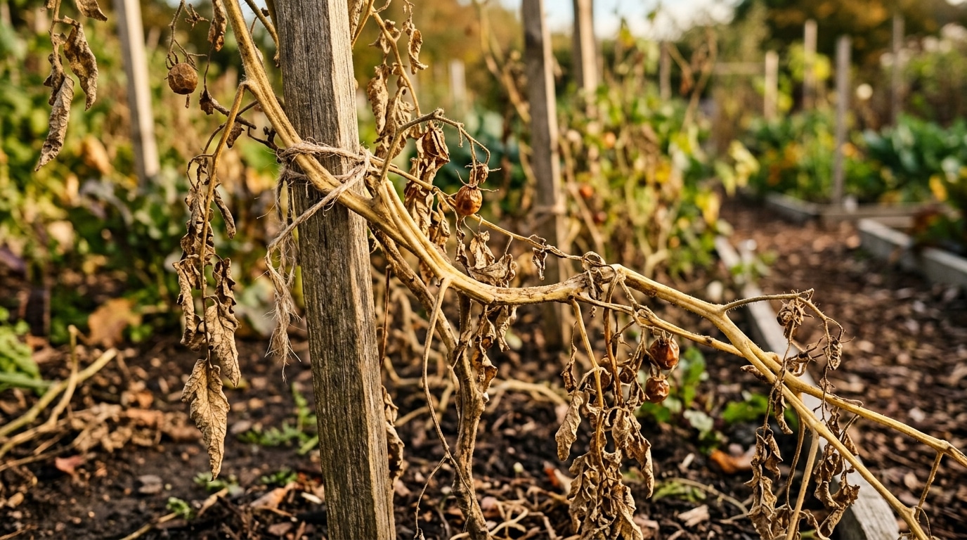 Tiges de tomates fanées jaunies dans un potager