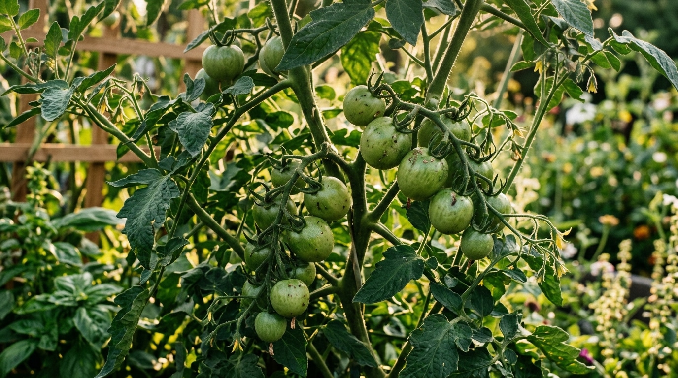Grappe de tomates vertes accrochées au plant