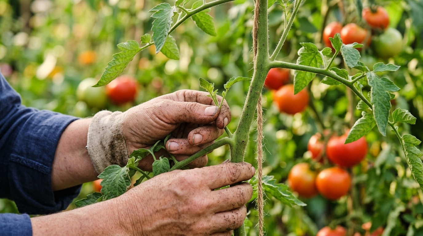 Main coupant un gourmand sur un pied de tomate