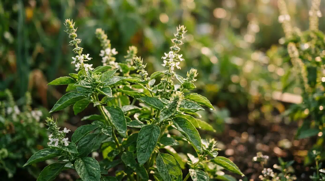 Épis de fleurs blanches sur un plant de basilic
