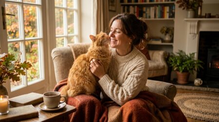Femme souriante caressant un chat roux câlin en automne