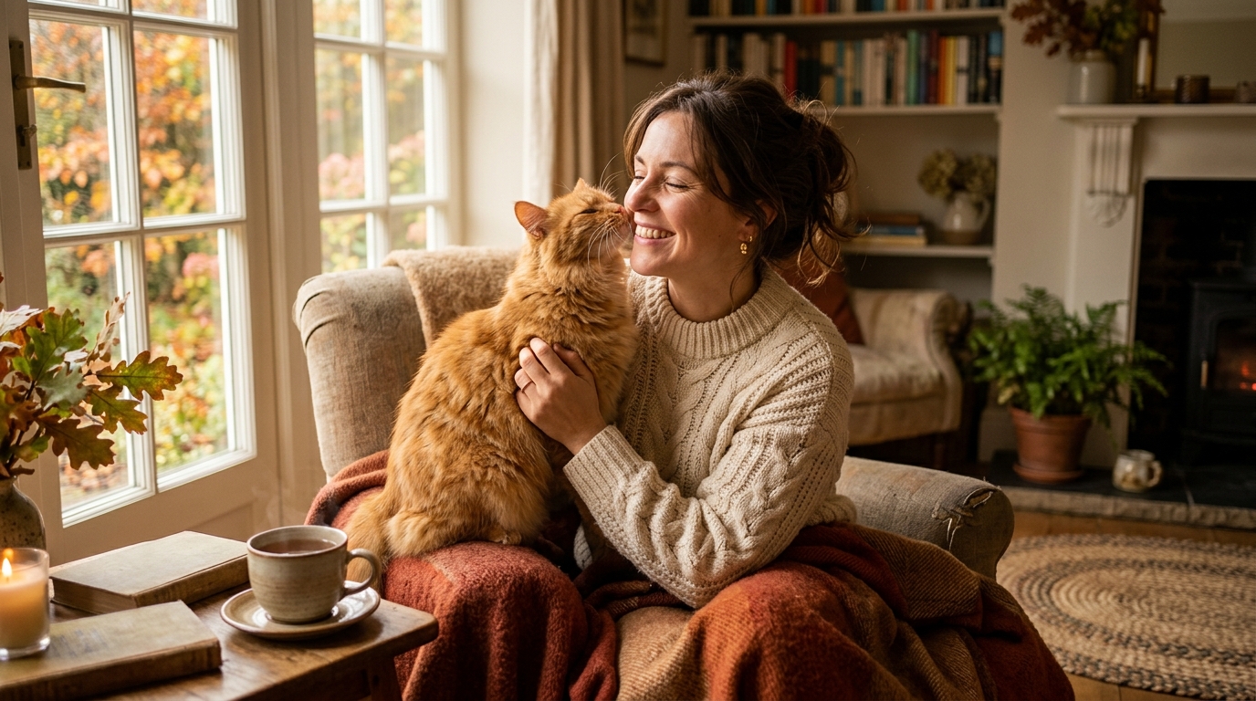 Femme souriante caressant un chat roux câlin en automne
