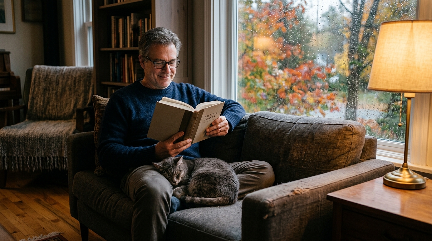Homme lisant avec un chat gris endormi sur ses genoux